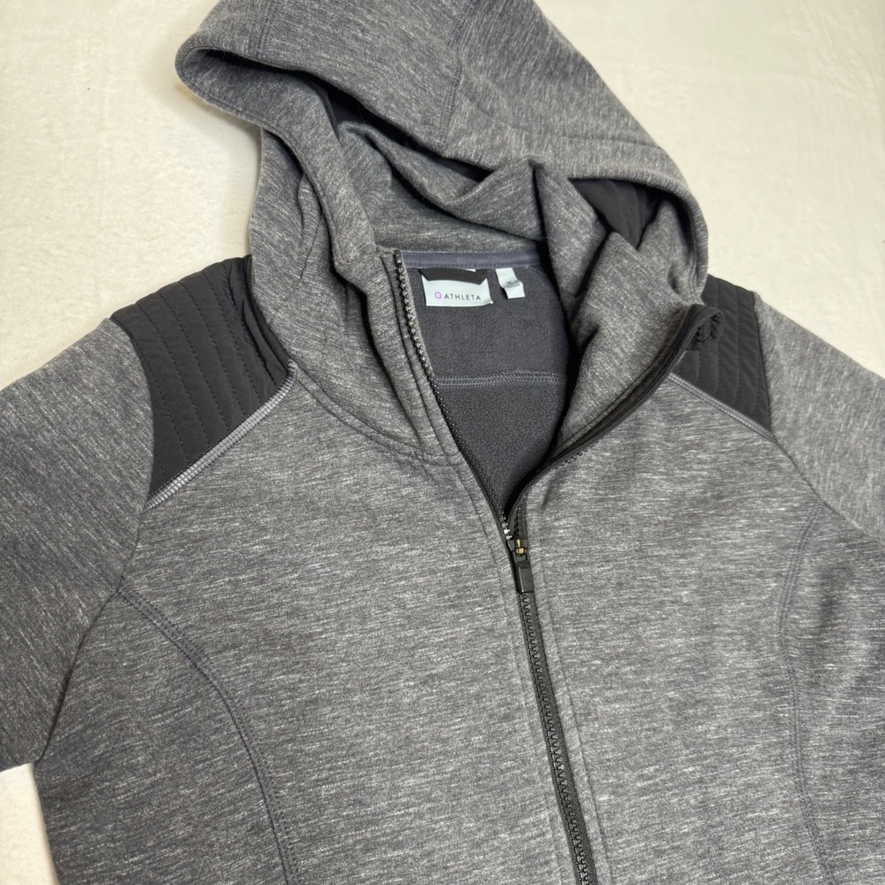 Athleta Grey Heathered Full Zip Hoodie Jacket Black Quilted Accents‎ Size M